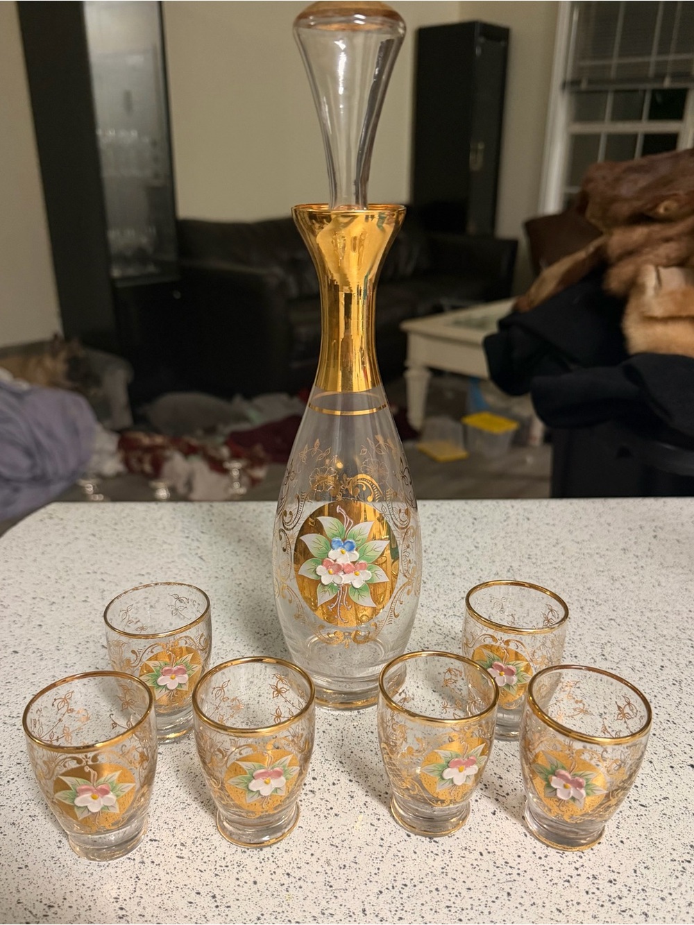 Vtg ITALY Murano Venetian Art Glass Gold Trim Decanter Amber Cordial Set Of 6